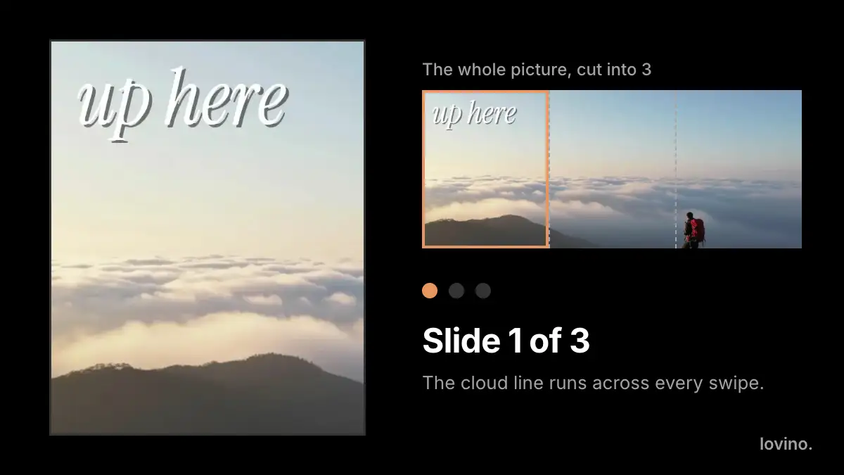 A tall slide window moving across one wide cloud-top photo, with a small map and dots showing slide 1, 2 and 3 of 3