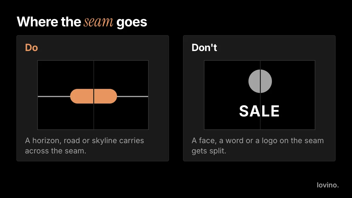 Two cards: Do, with a horizon and a pill shape crossing the seam, and Don't, with a circle and the word SALE split by the seam