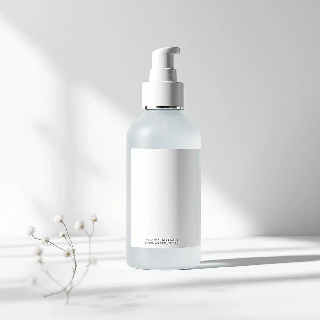 A clean product photo of a minimalist skincare bottle on a white background, the kind of input a UGC ad starts from