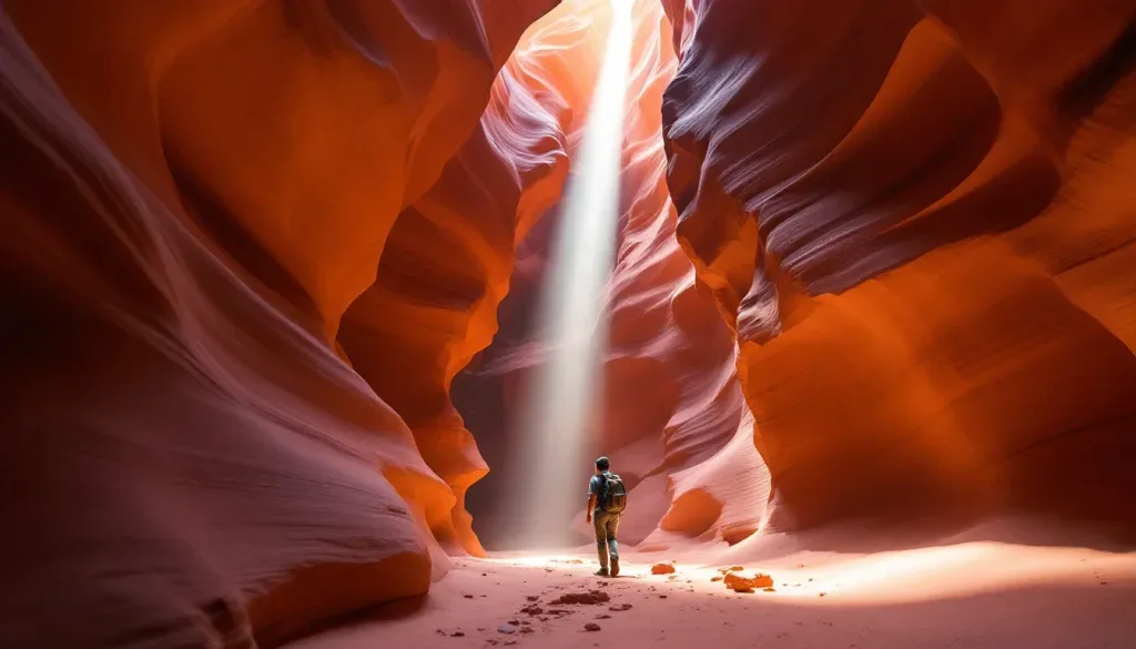 A slot canyon with a beam of light on red sandstone and a lone hiker, generated with FLUX 1.1 Pro
