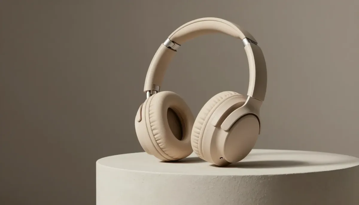 A pair of cream over-ear headphones on a pale plinth against a warm beige wall, an AI-made static product ad still with room for a headline.
