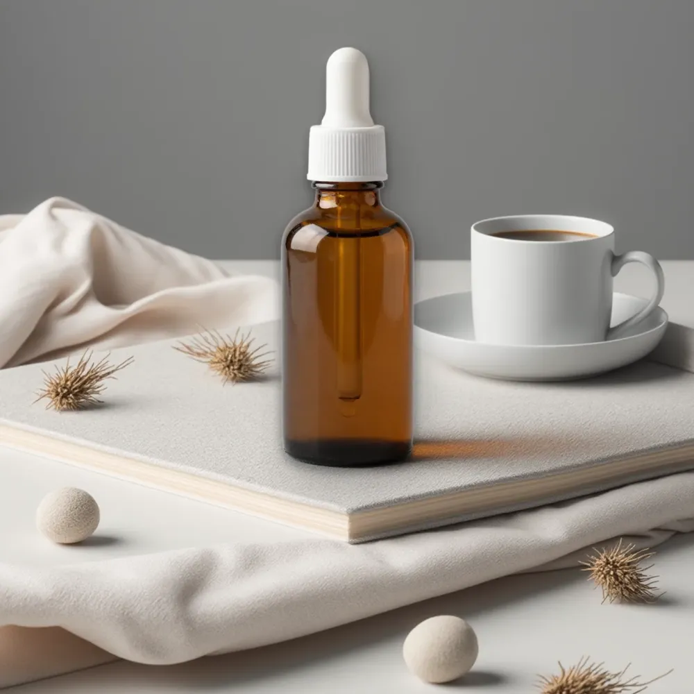 A static ad scene of an amber serum bottle with a white dropper on a white board beside a coffee cup and dried seed pods, made in Ad Studio with the Lifestyle Flatlay recipe.