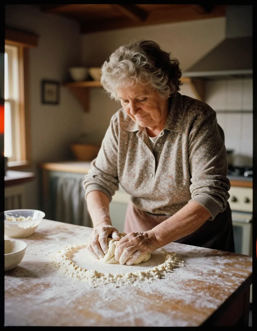 An AI-generated image of an older woman kneading dough in a warm kitchen, styled as vintage film, a mood reference for Thanksgiving content ideas