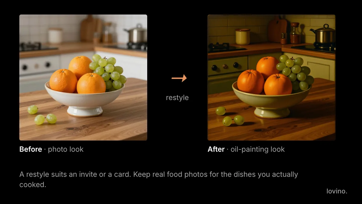 Before and after: an AI-made kitchen scene of oranges and grapes redrawn in a painterly oil-painting look, suited to a Thanksgiving invitation card