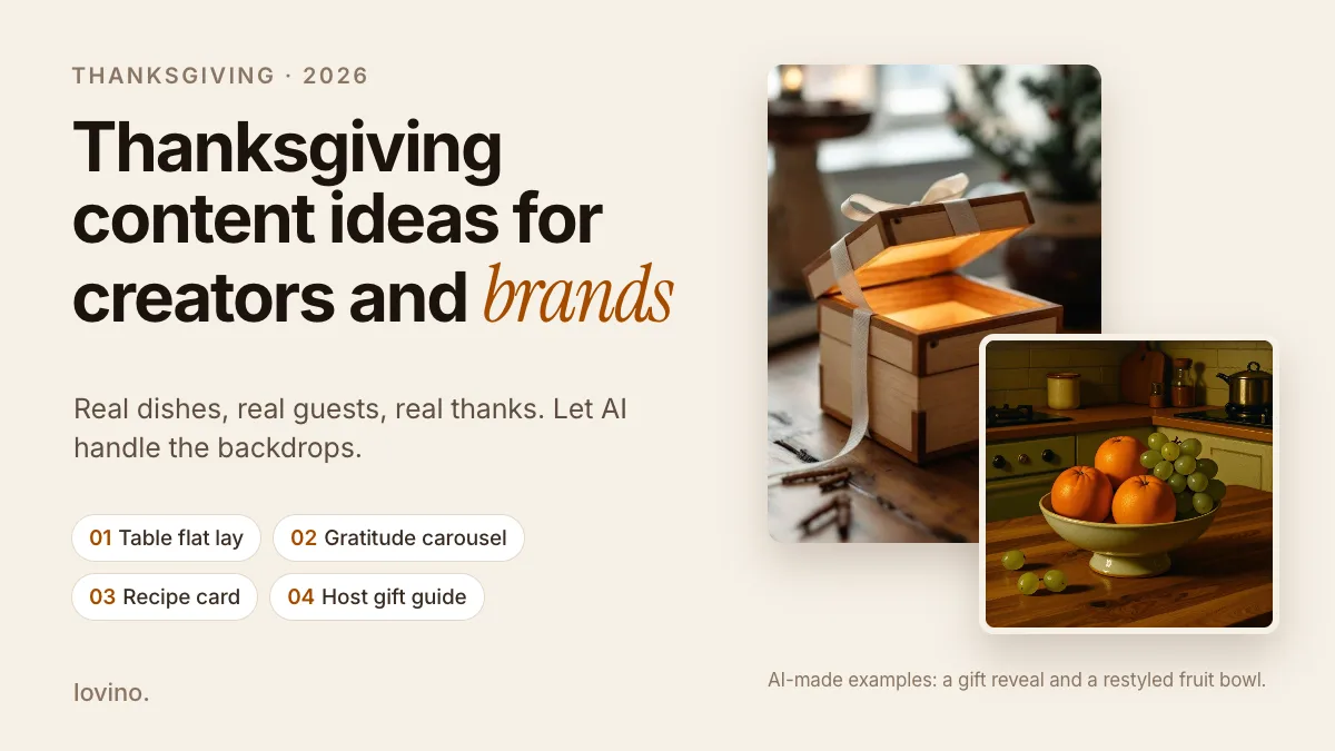 Thanksgiving content ideas for creators and brands: four idea chips beside AI-made photos of an opening gift box and a restyled fruit bowl