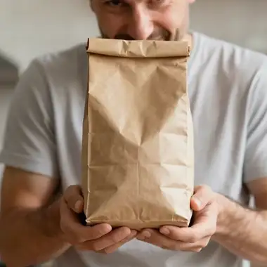 A looping creator-style video ad hook: an AI-made man in a kitchen holds a plain kraft coffee bag up to the camera and smiles from behind it, animated from one still.