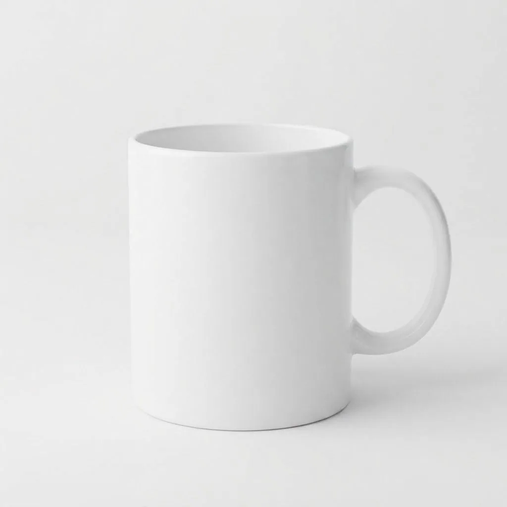 AI White scene product photo of an unbranded mug on a soft white studio background with a gentle shadow