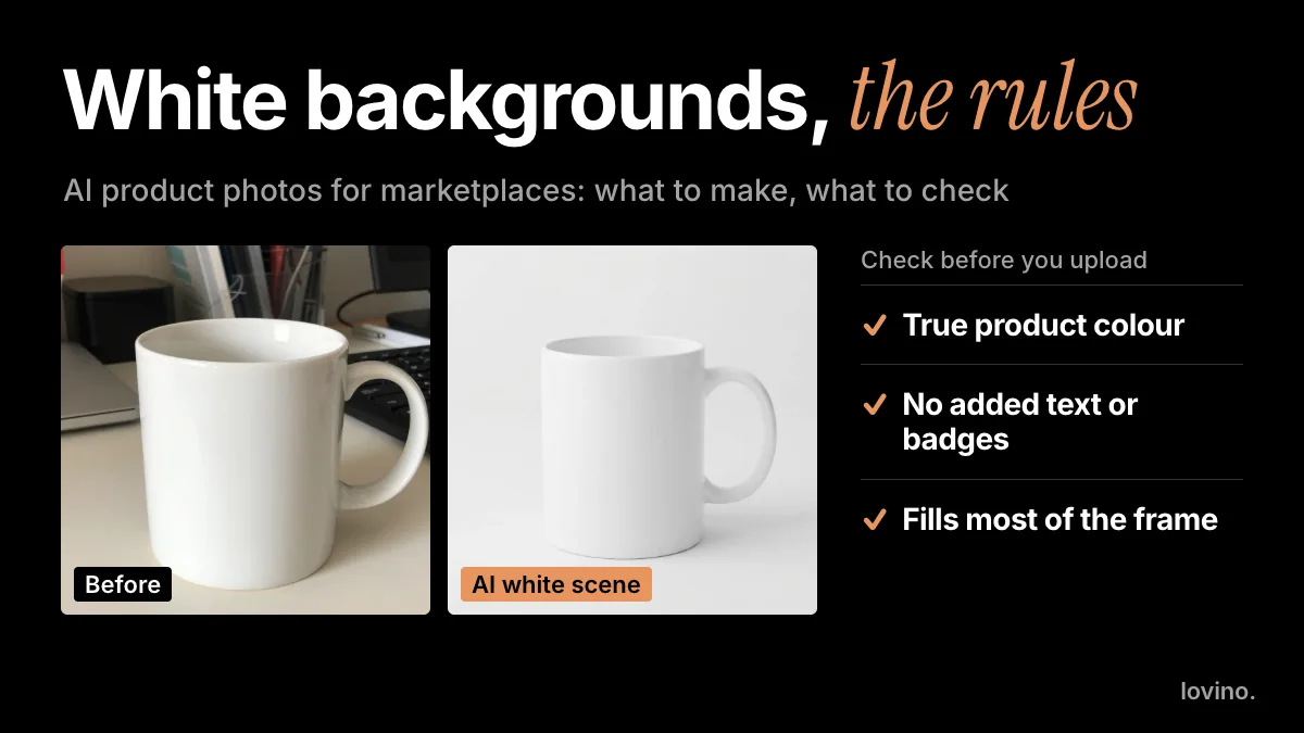 White background product photo of a mug: before on a cluttered desk, after as an AI white studio scene, with a checklist