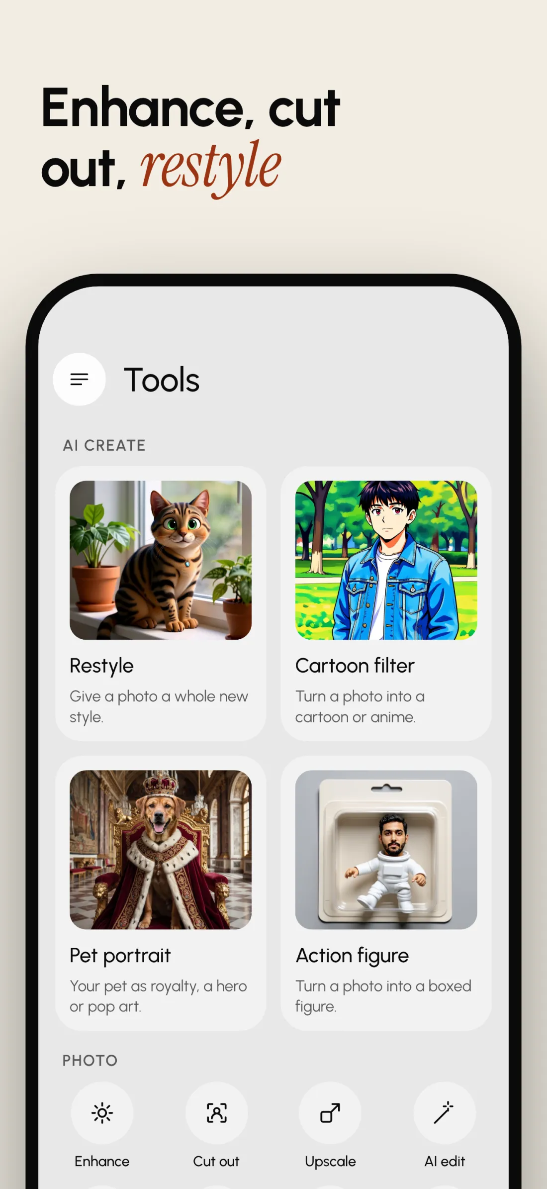 Lovino for iPhone Tools screen: Restyle, Cartoon filter, Pet portrait and Action figure, plus Enhance, Cut out, Upscale and AI edit.