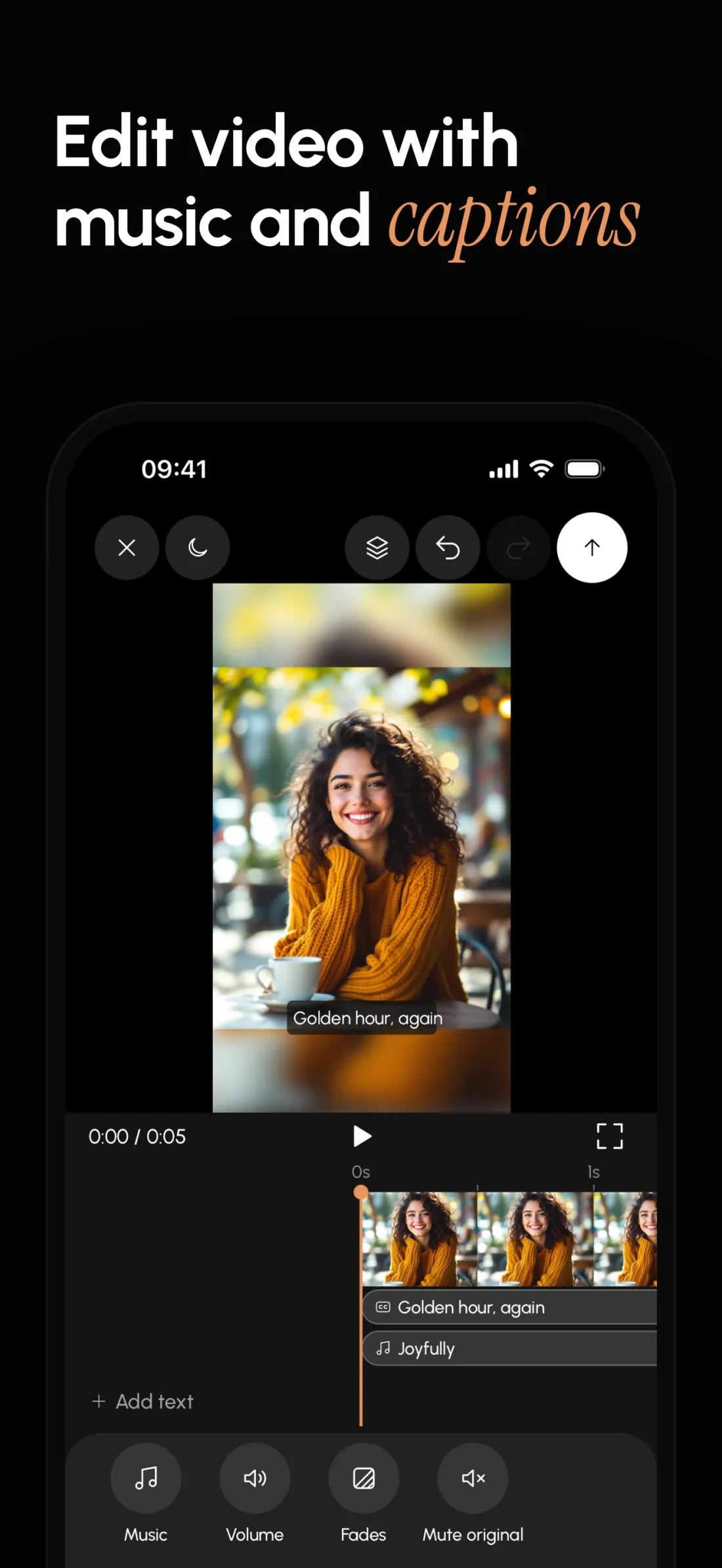 Lovino for iPhone video editor with a caption lane and a music lane under a clip of a smiling woman in a café.