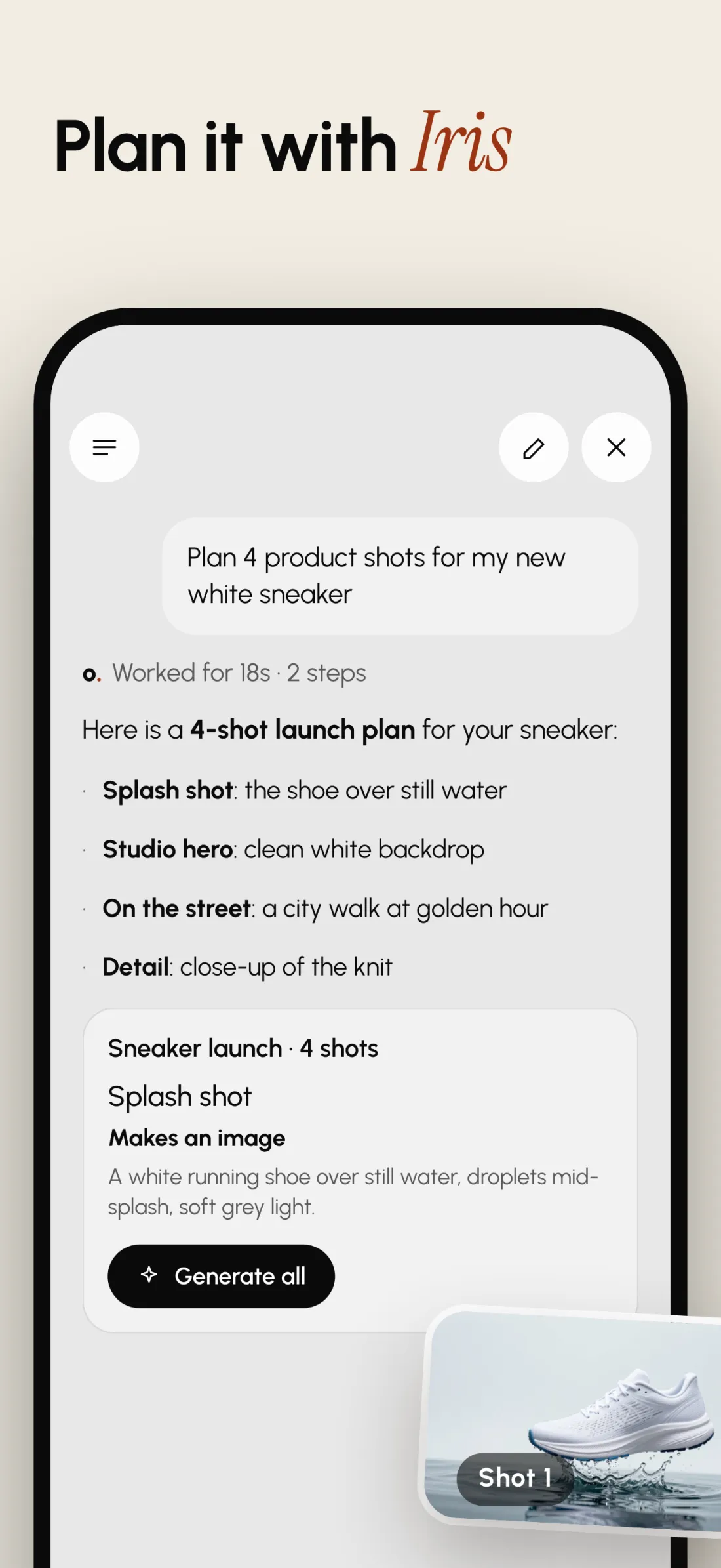 Lovino for iPhone. Plan it with Iris: a four-shot plan for a white sneaker with a Generate all button.