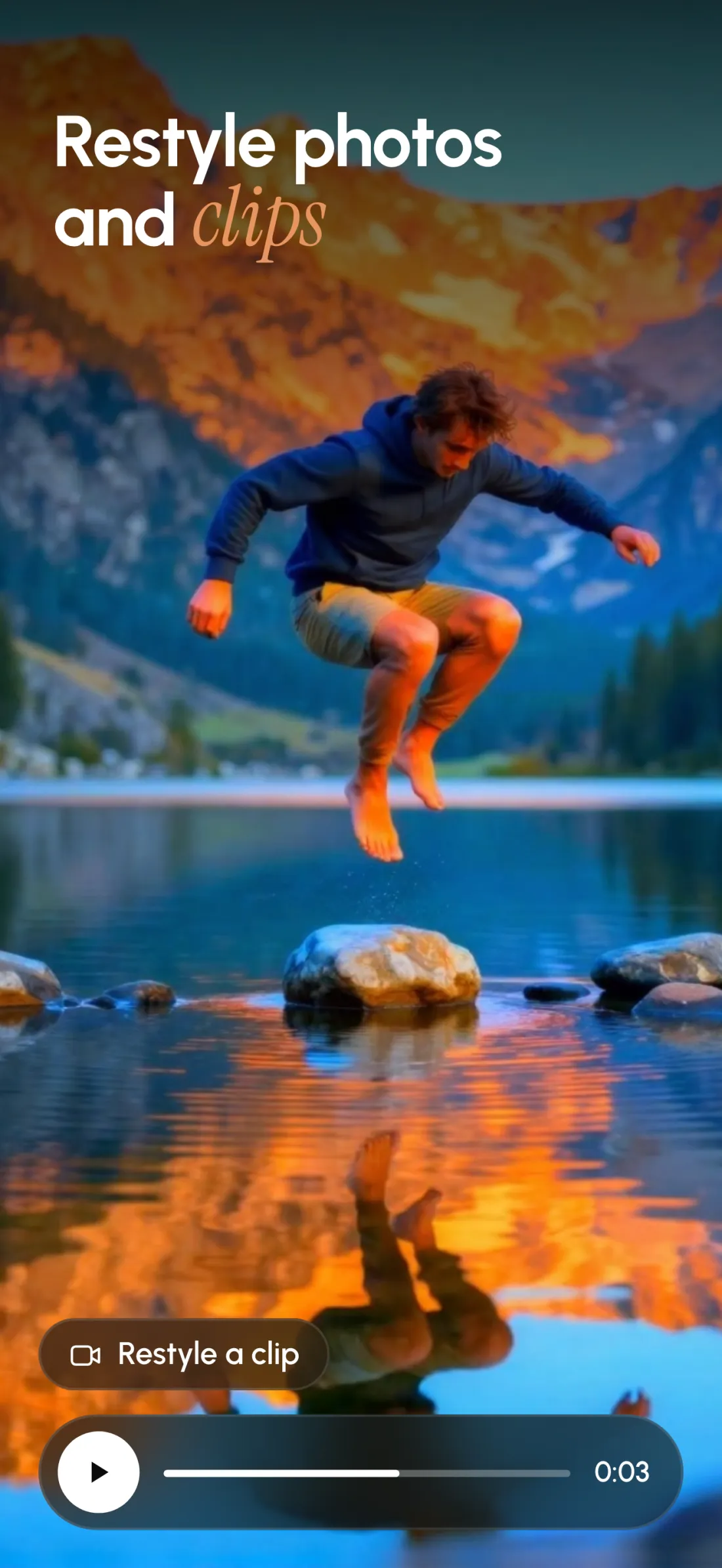 Lovino for iPhone. Restyle photos and clips: a person leaping over a mountain lake in a painted look, with a clip player below.