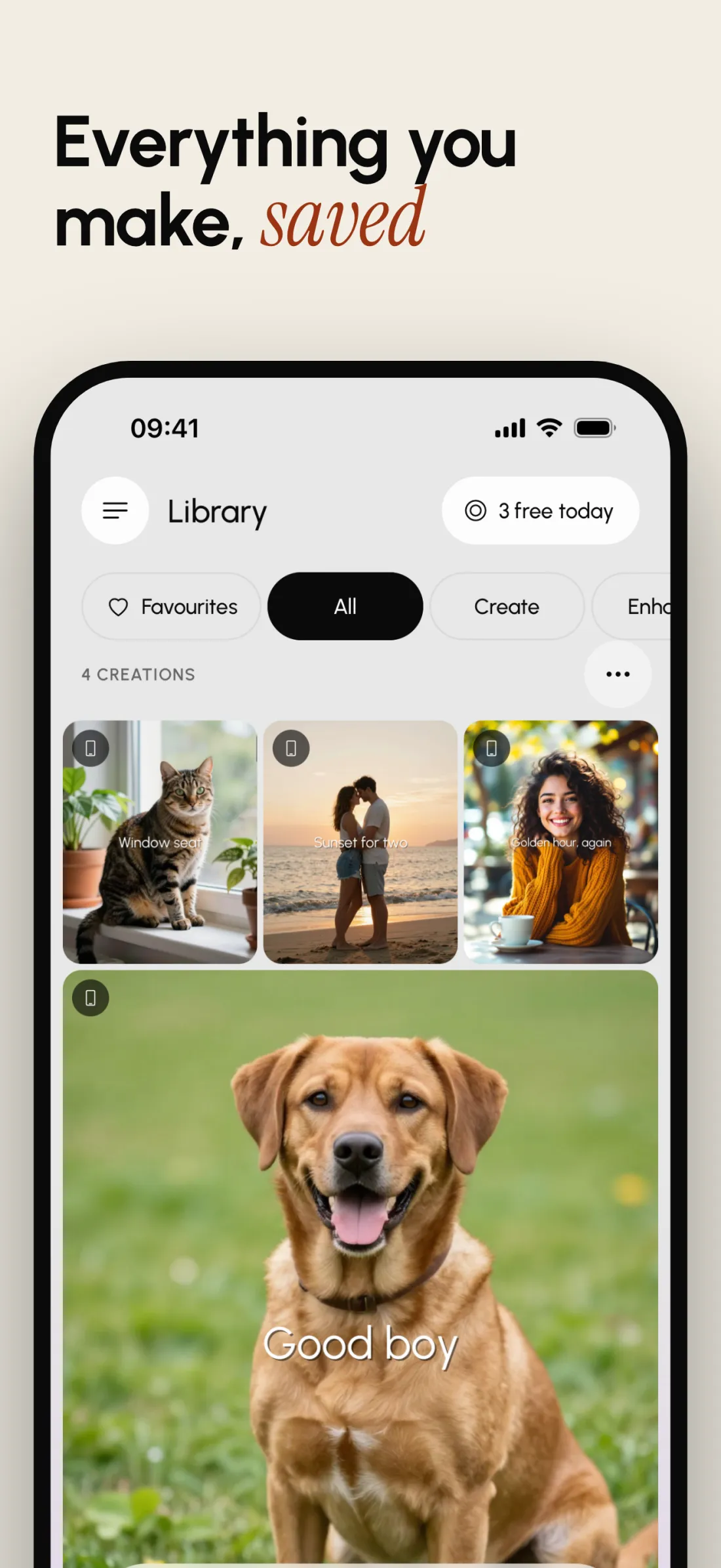 Lovino for iPhone Library: everything you make, saved in a grid of creations.