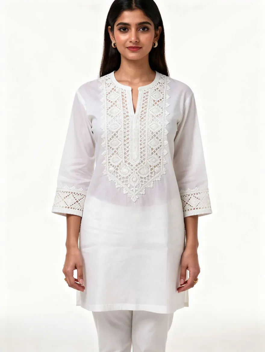 Generated on-model catalog photo of the same chikankari kurta — embroidery reproduced exactly