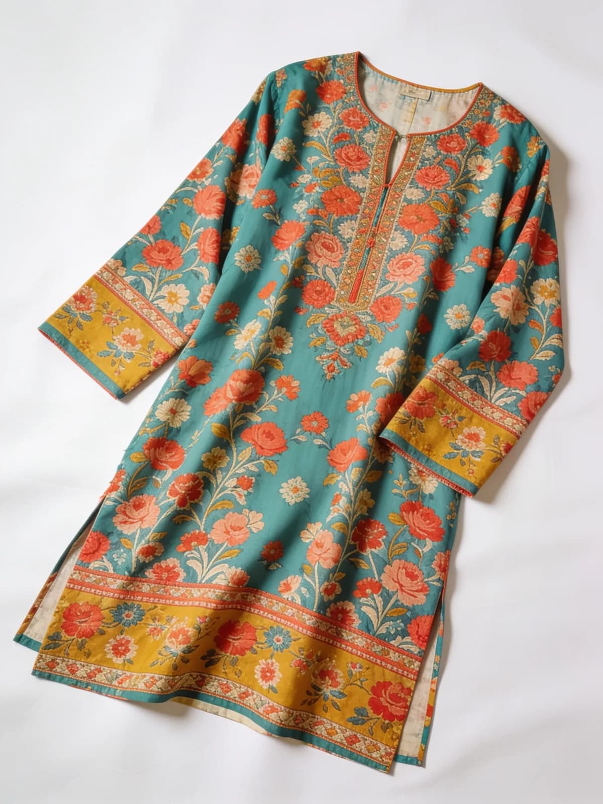 Flat-lay reference photo of a teal printed lawn kameez with mustard border bands
