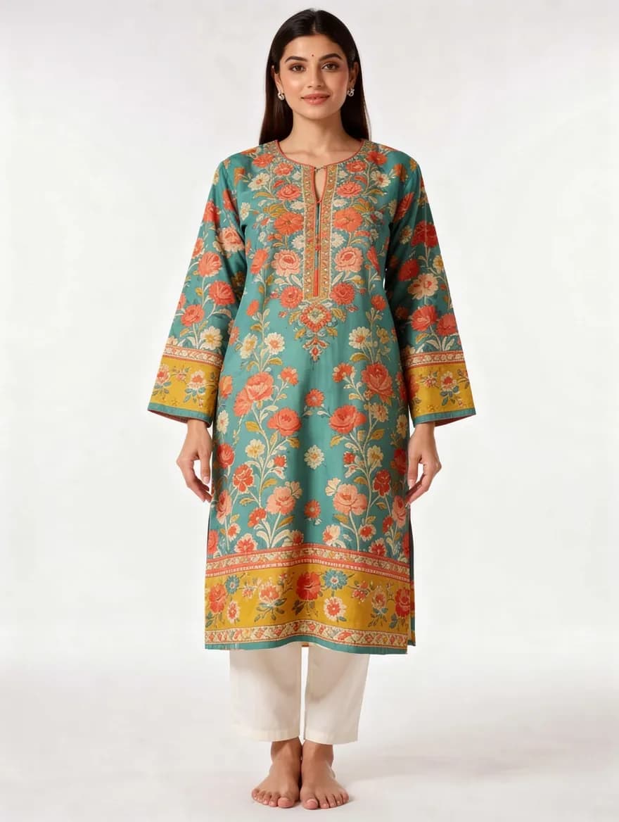 Generated on-model catalog photo of the same printed lawn kameez — print and borders preserved