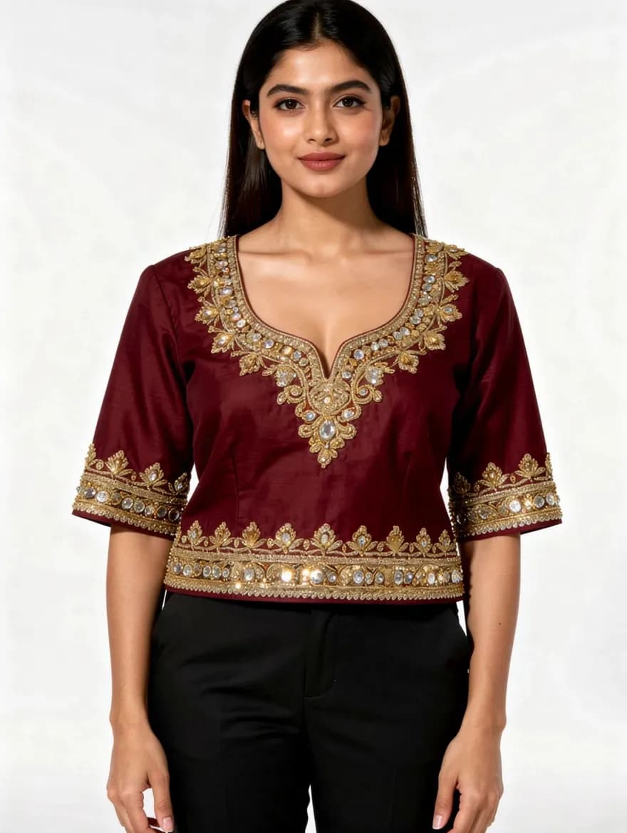 Generated on-model catalog photo — a maroon silk formal with gold zardozi embroidery reproduced from a flat-lay