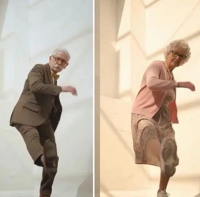 Mr. Pemberton and Grandma Doris, two AI-made characters, doing the same dance routine side by side