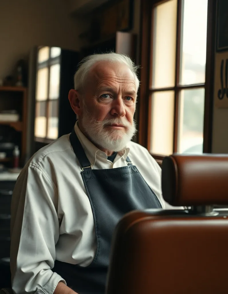 Documentary portrait of an elderly barber in his vintage shop, soft window light, worn leather chair, cinematic warm-neutral color grade, soft directional key light, 35mm lens, shallow depth of field, natural skin tones, subtle film grain