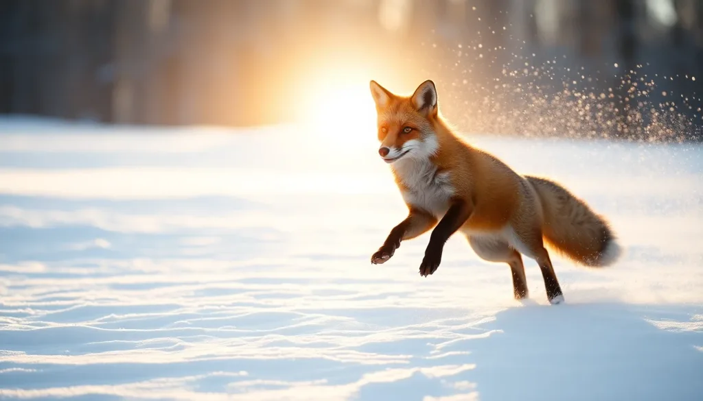 Red fox mid-leap in fresh powder snow, backlit by low winter sun, spray of snowflakes, cinematic warm-neutral color grade, soft directional key light, 35mm lens, shallow depth of field, natural skin tones, subtle film grain