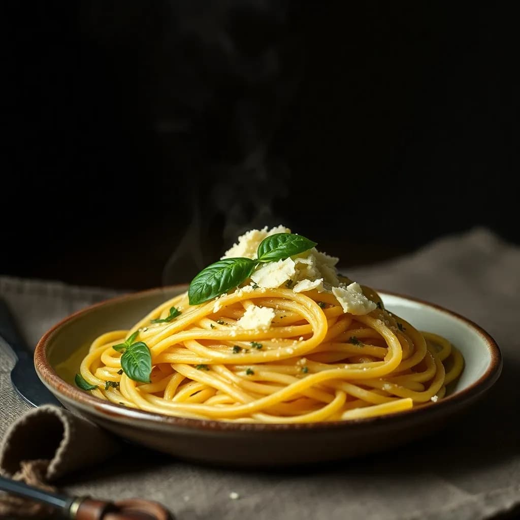 Hand-tossed pasta with basil and shaved parmesan on a rustic ceramic plate, steam rising, dark linen backdrop, cinematic warm-neutral color grade, soft directional key light, 35mm lens, shallow depth of field, natural skin tones, subtle film grain