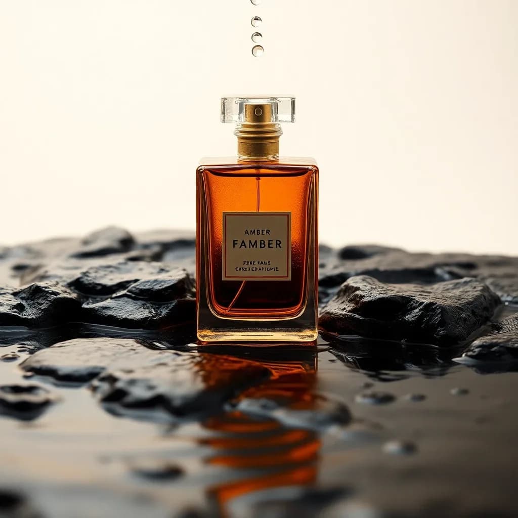 Amber glass perfume bottle on wet black stone, water droplets suspended mid-air, studio product shot, cinematic warm-neutral color grade, soft directional key light, 35mm lens, shallow depth of field, natural skin tones, subtle film grain