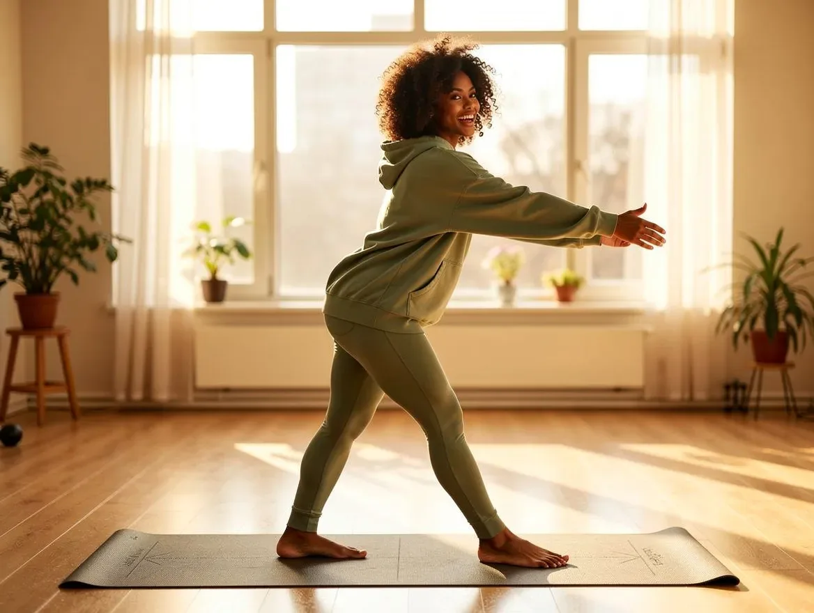 the same woman in a bright sunlit yoga studio in athleisure, warm candid wellness lifestyle photo