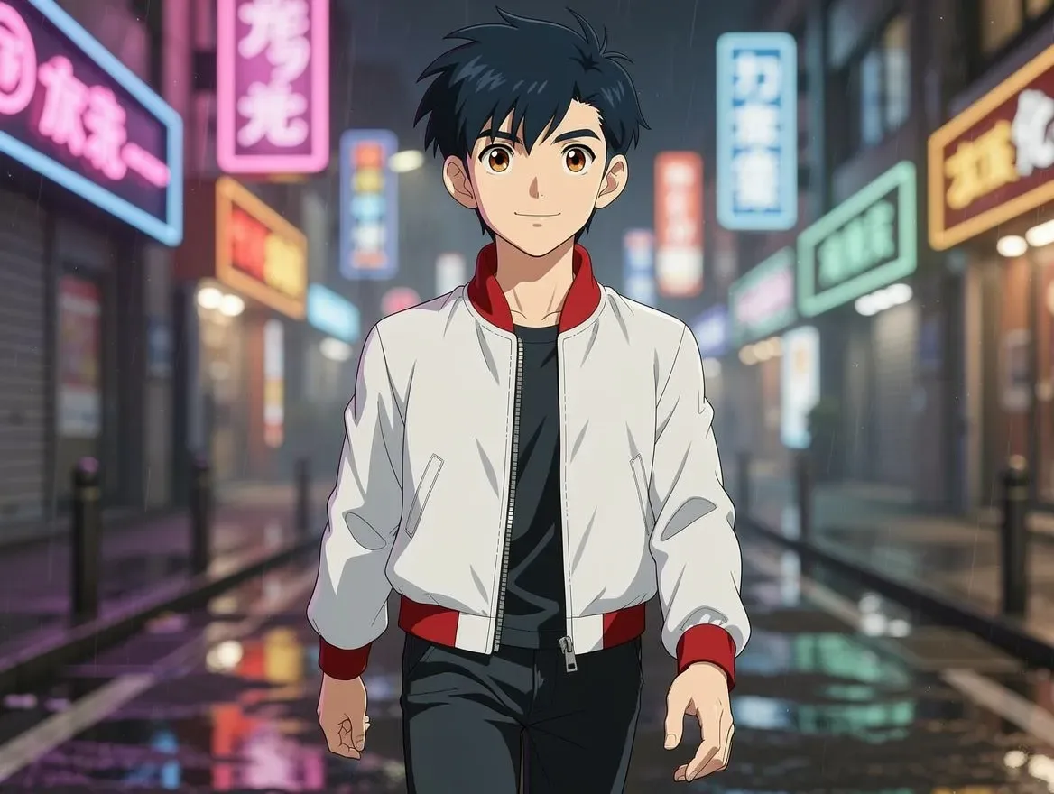 the same anime character walking a neon-lit street at night, same art style, cinematic anime illustration