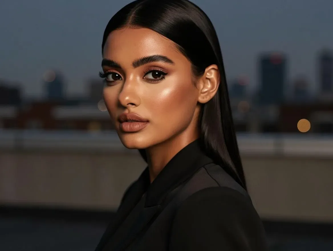 the same woman on a city rooftop at dusk in a tailored coat, editorial fashion photo, cinematic