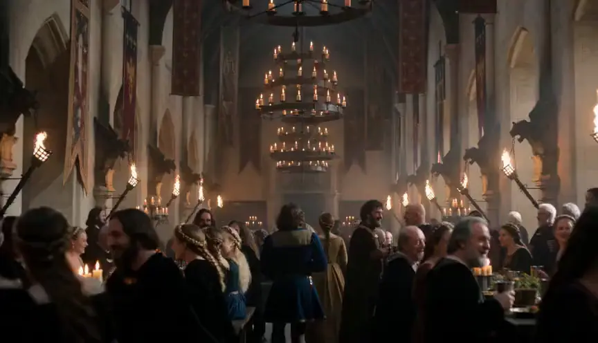 Cinematic dolly through a candlelit medieval feast hall, banners swaying, fire crackling, cinematic warm-neutral color grade, soft directional key light, 35mm lens, shallow depth of field, natural skin tones, subtle film grain
