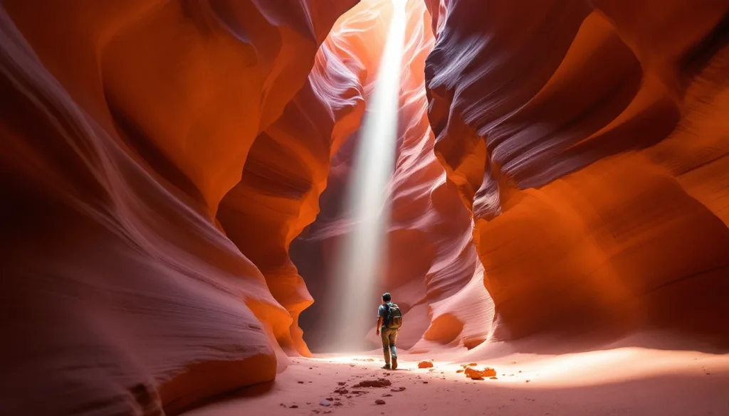 Slot canyon light beam hitting red sandstone waves, lone hiker for scale, cinematic warm-neutral color grade, soft directional key light, 35mm lens, shallow depth of field, natural skin tones, subtle film grain