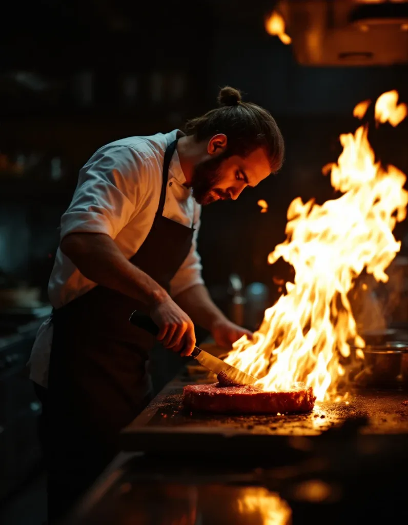Chef searing a steak with dramatic flame burst in a dark professional kitchen, cinematic warm-neutral color grade, soft directional key light, 35mm lens, shallow depth of field, natural skin tones, subtle film grain