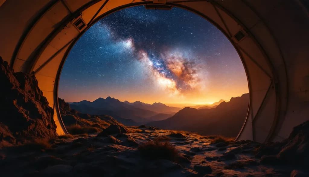 Mountain observatory under the Milky Way, dome open, warm interior light, cinematic warm-neutral color grade, soft directional key light, 35mm lens, shallow depth of field, natural skin tones, subtle film grain