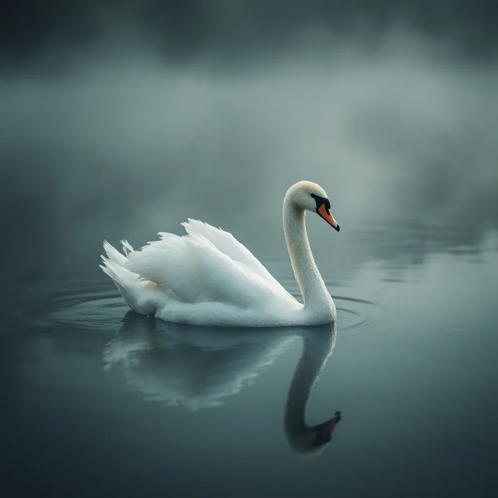 White swan gliding through morning mist on a black-water lake, minimal composition, cinematic warm-neutral color grade, soft directional key light, 35mm lens, shallow depth of field, natural skin tones, subtle film grain