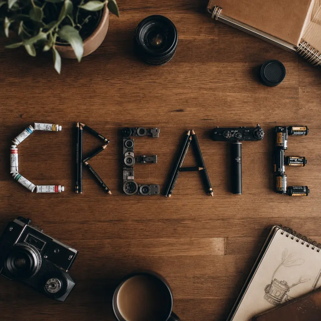 A wooden desk flat-lay that spells the word CREATE using arranged pencils, paint tubes and camera parts, top-down, cinematic warm-neutral color grade, soft directional key light, 35mm lens, shallow depth of field, natural skin tones, subtle film grain