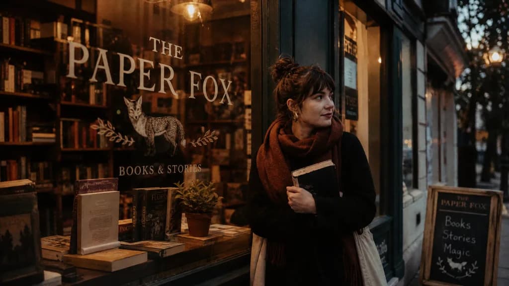 Cozy bookshop storefront at dusk with the sign 'THE PAPER FOX' painted on the window, warm light inside, cinematic warm-neutral color grade, soft directional key light, 35mm lens, shallow depth of field, natural skin tones, subtle film grain
