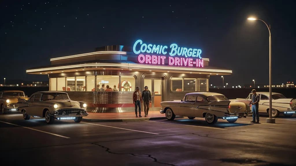 Retro-futuristic roadside diner at night with hovering vintage cars, chrome and neon, cinematic warm-neutral color grade, soft directional key light, 35mm lens, shallow depth of field, natural skin tones, subtle film grain
