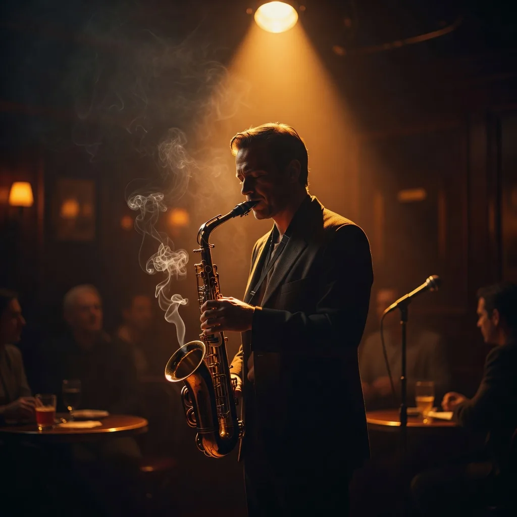 Smoky jazz club scene, saxophonist silhouetted against amber stage light, cinematic warm-neutral color grade, soft directional key light, 35mm lens, shallow depth of field, natural skin tones, subtle film grain