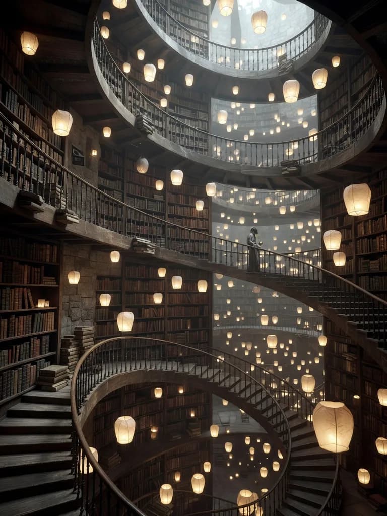 Endless spiral library interior with floating lanterns, impossible architecture, cinematic warm-neutral color grade, soft directional key light, 35mm lens, shallow depth of field, natural skin tones, subtle film grain