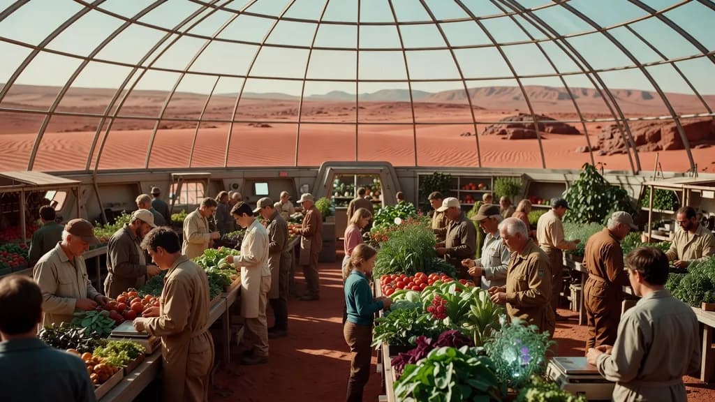 Bustling greenhouse market dome on Mars, red dunes visible beyond the glass, cinematic warm-neutral color grade, soft directional key light, 35mm lens, shallow depth of field, natural skin tones, subtle film grain