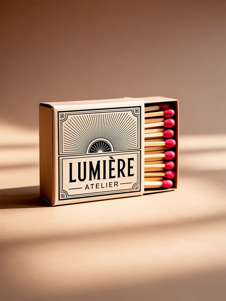 Vintage matchbox design labeled 'LUMIÈRE ATELIER' with an art-deco sunburst, aged paper texture, warm-neutral palette, soft diffused lighting, cohesive minimal background, premium editorial composition