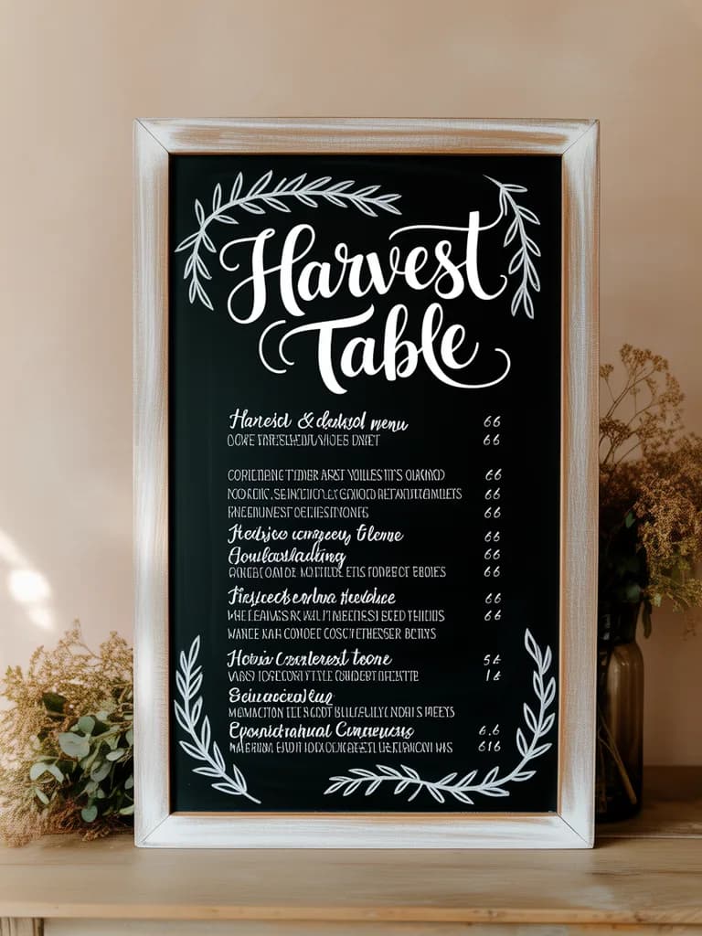Hand-lettered chalkboard menu titled 'HARVEST TABLE' with botanical flourishes, warm-neutral palette, soft diffused lighting, cohesive minimal background, premium editorial composition