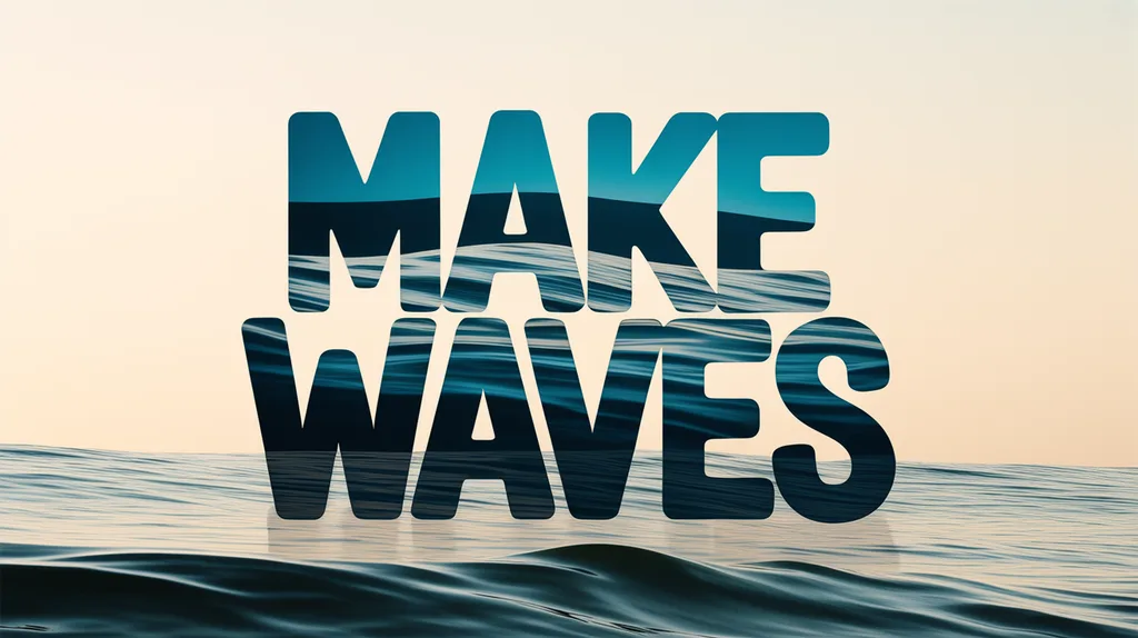 Street mural spelling 'MAKE WAVES' in bold graffiti letters merging into ocean waves, warm-neutral palette, soft diffused lighting, cohesive minimal background, premium editorial composition