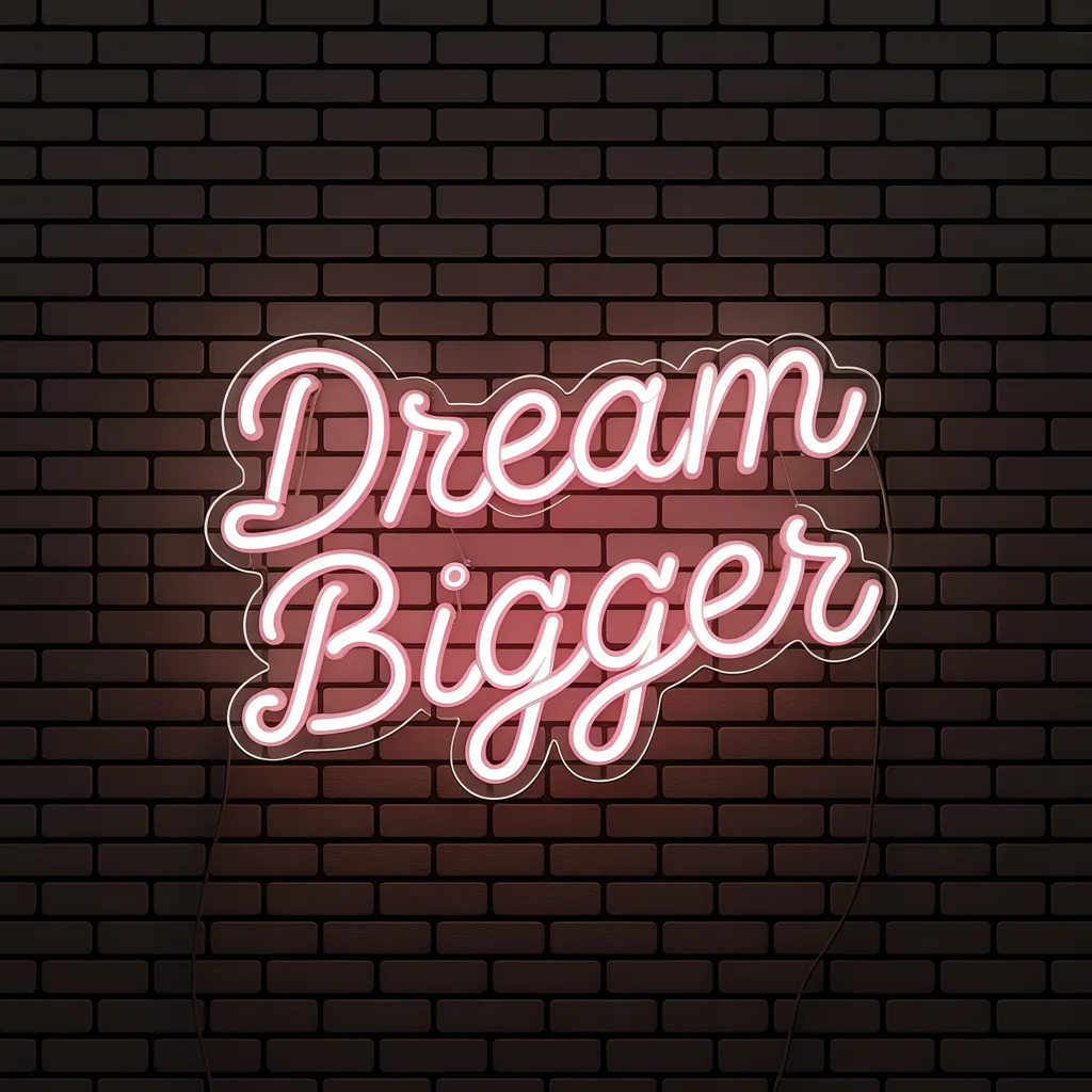 Neon sign reading 'DREAM BIGGER' in flowing cursive on a dark brick wall, subtle reflections, warm-neutral palette, soft diffused lighting, cohesive minimal background, premium editorial composition