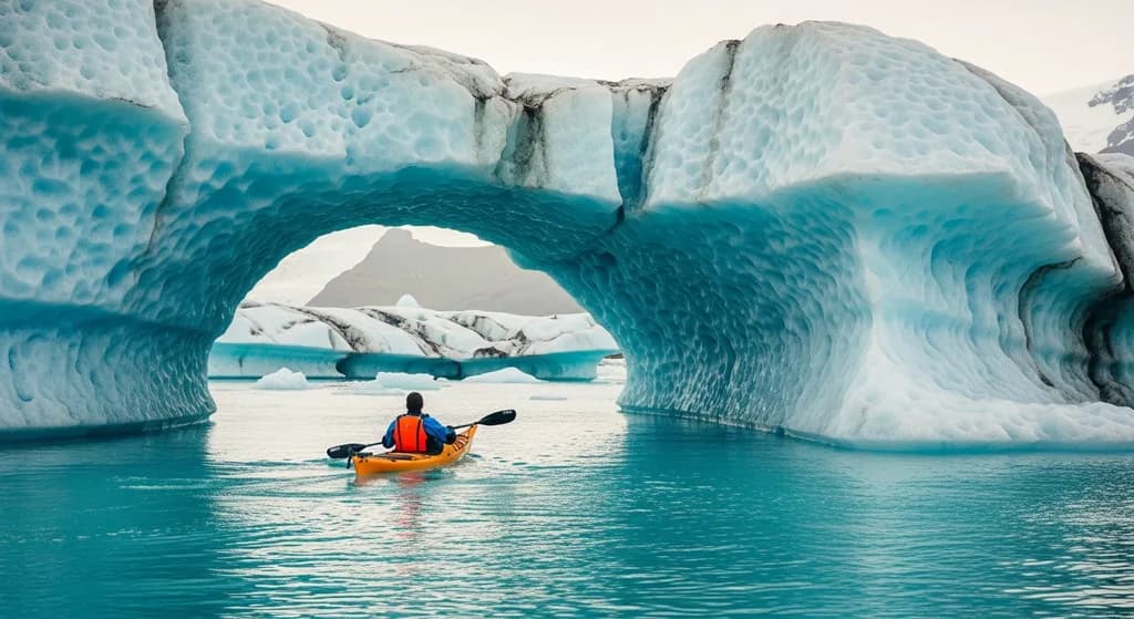Kayaker gliding through a turquoise glacier lagoon, towering ice arch, Iceland, cinematic warm-neutral color grade, soft directional key light, 35mm lens, shallow depth of field, natural skin tones, subtle film grain