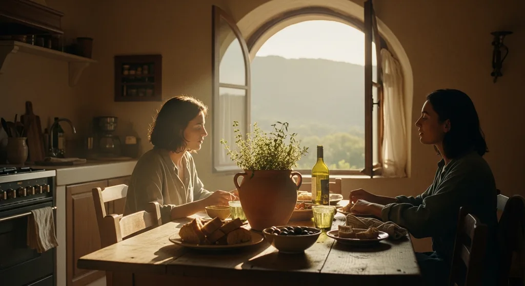 Sunlit Mediterranean kitchen with copper pots, fresh figs and bread on a marble counter, cinematic warm-neutral color grade, soft directional key light, 35mm lens, shallow depth of field, natural skin tones, subtle film grain