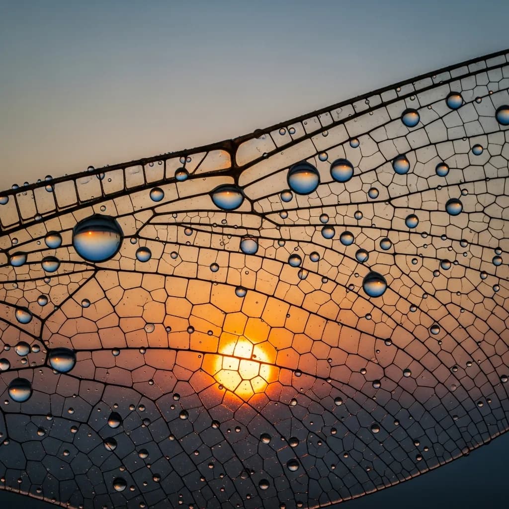 Extreme macro of a dragonfly wing with dew drops refracting a sunrise, cinematic warm-neutral color grade, soft directional key light, 35mm lens, shallow depth of field, natural skin tones, subtle film grain
