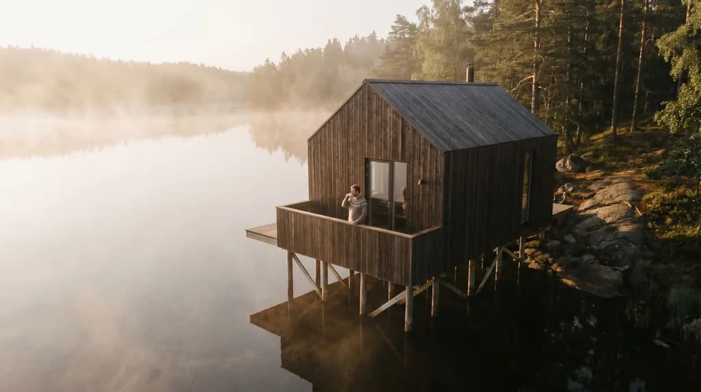 Scandinavian lake house on stilts in morning mist, mirror-still water, drone view, cinematic warm-neutral color grade, soft directional key light, 35mm lens, shallow depth of field, natural skin tones, subtle film grain