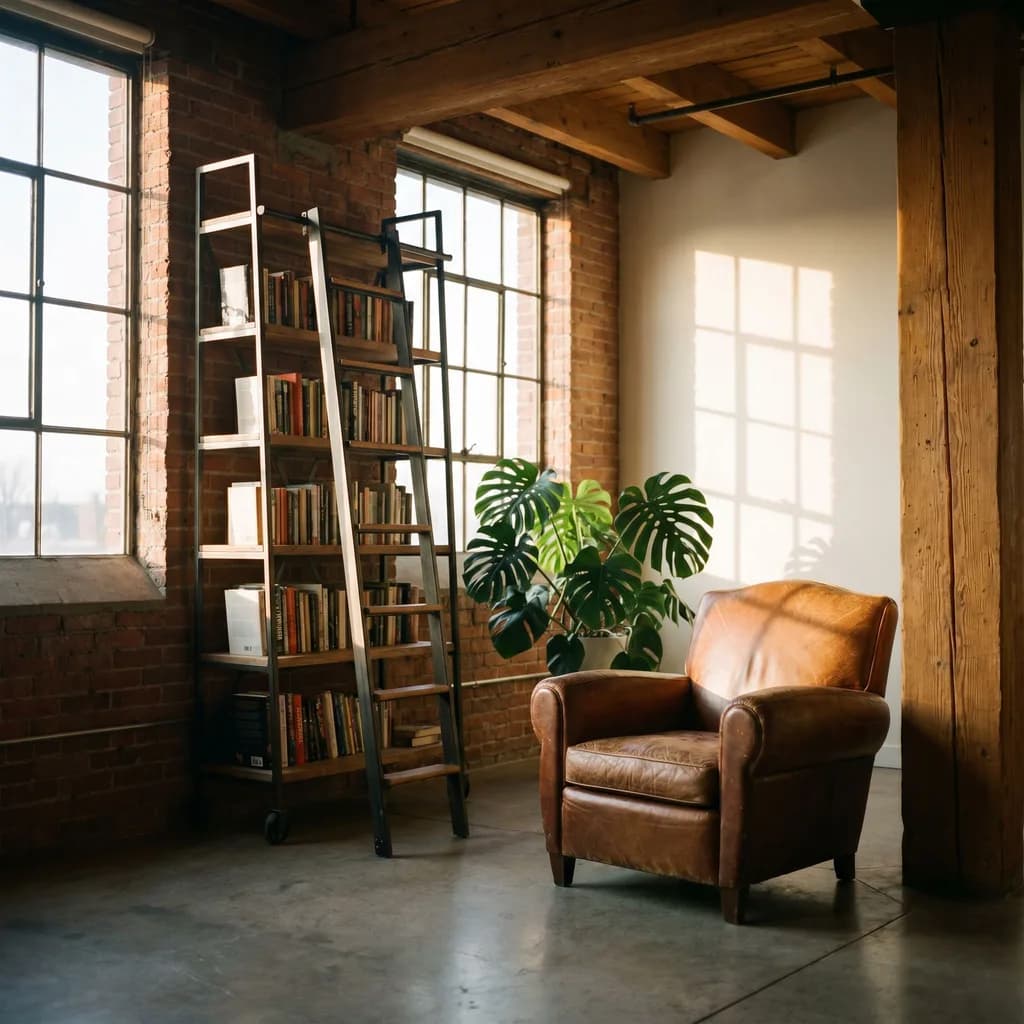 Industrial loft reading corner with a leather armchair, ladder bookshelf and monstera, late sun, cinematic warm-neutral color grade, soft directional key light, 35mm lens, shallow depth of field, natural skin tones, subtle film grain