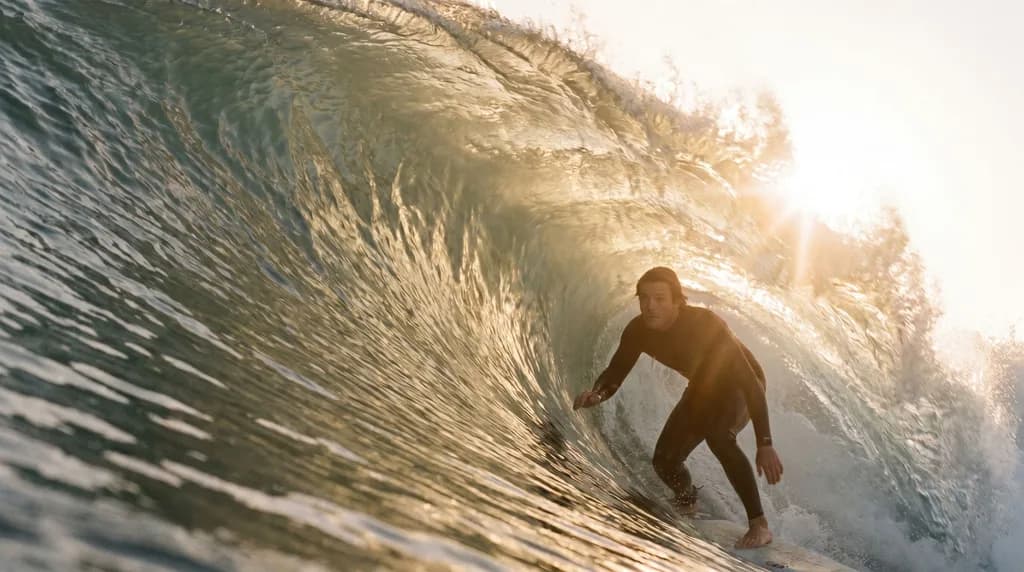 Surfer inside a glassy barrel wave, sun flaring through the lip, water texture detail, cinematic warm-neutral color grade, soft directional key light, 35mm lens, shallow depth of field, natural skin tones, subtle film grain